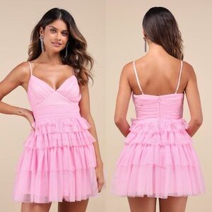 Lulus | Special Poise Pink Tulle Pleated Sleeveless Tiered Mini Dress